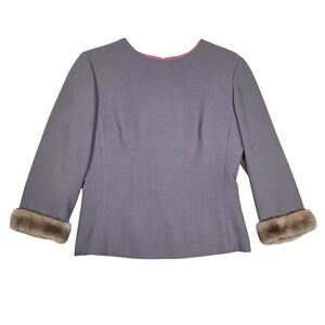 Vintage USA Chetta B Women 8 Blouse Mink Fur Trim 3/4 Sleeve Peplum Purply Gray